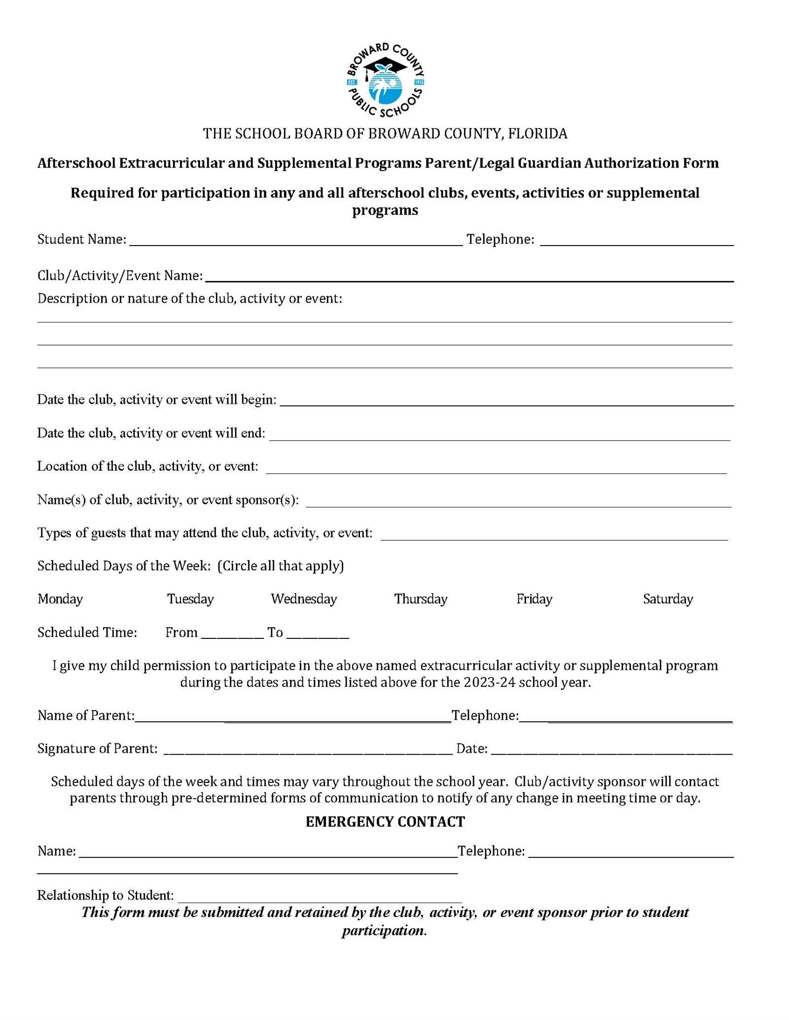  Club-Activity Parent Permission Form